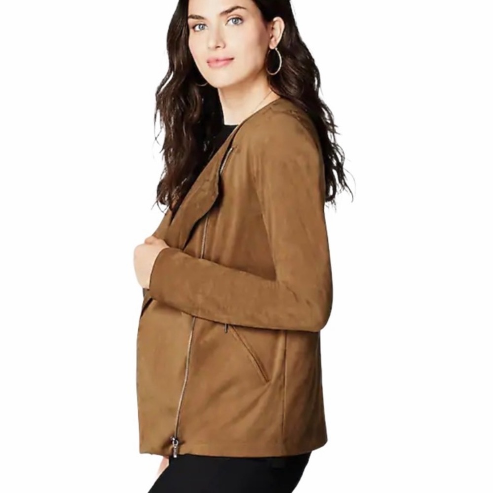 J Jill  Acorn Brown Ultra Soft Faux Suede Moto Zip Jacket Petite L - Picture 2 of 15